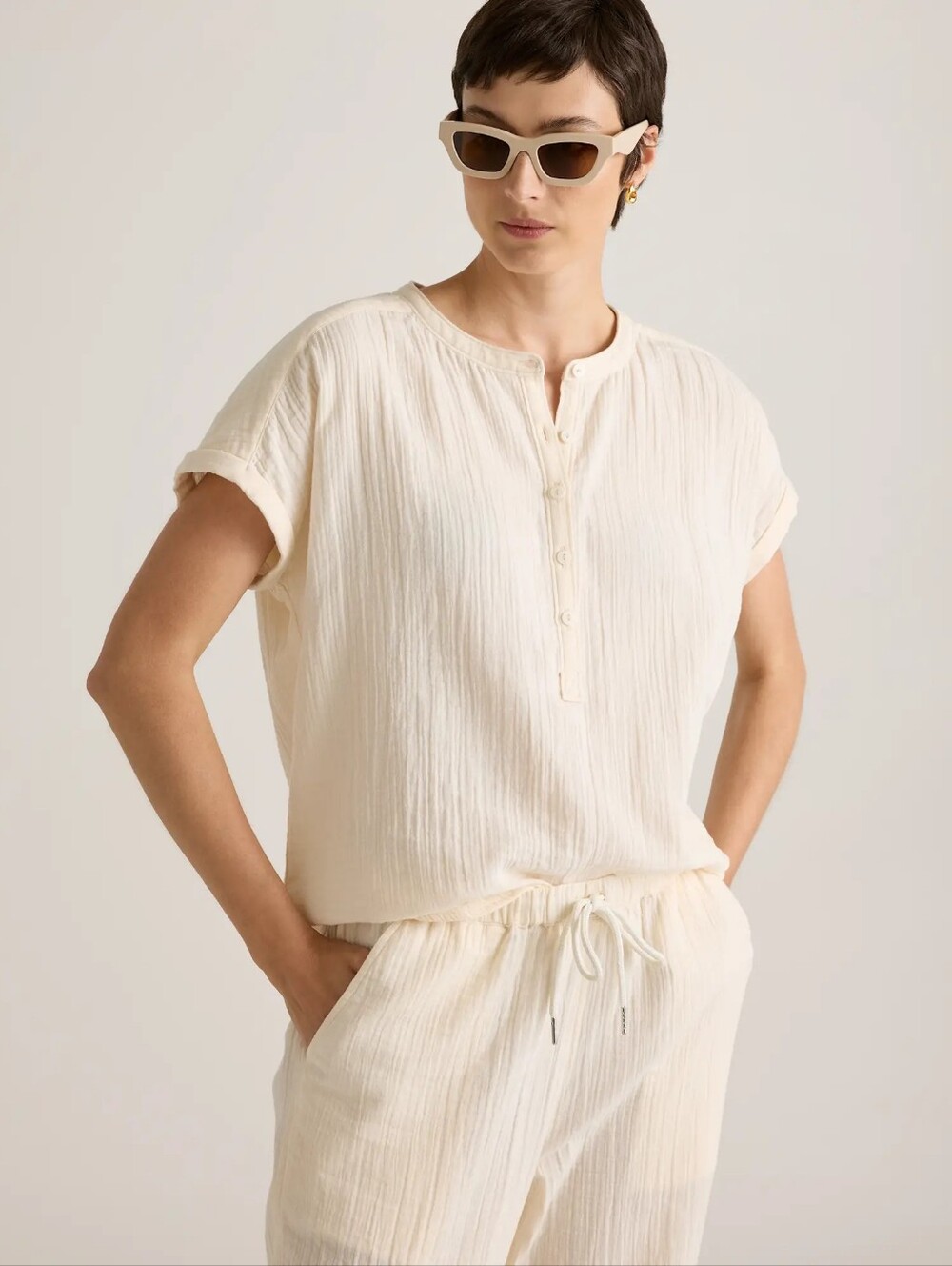 Quince 100% Organic Cotton Gauze Roll Sleeve Henley Top Vintage Cream LARGE